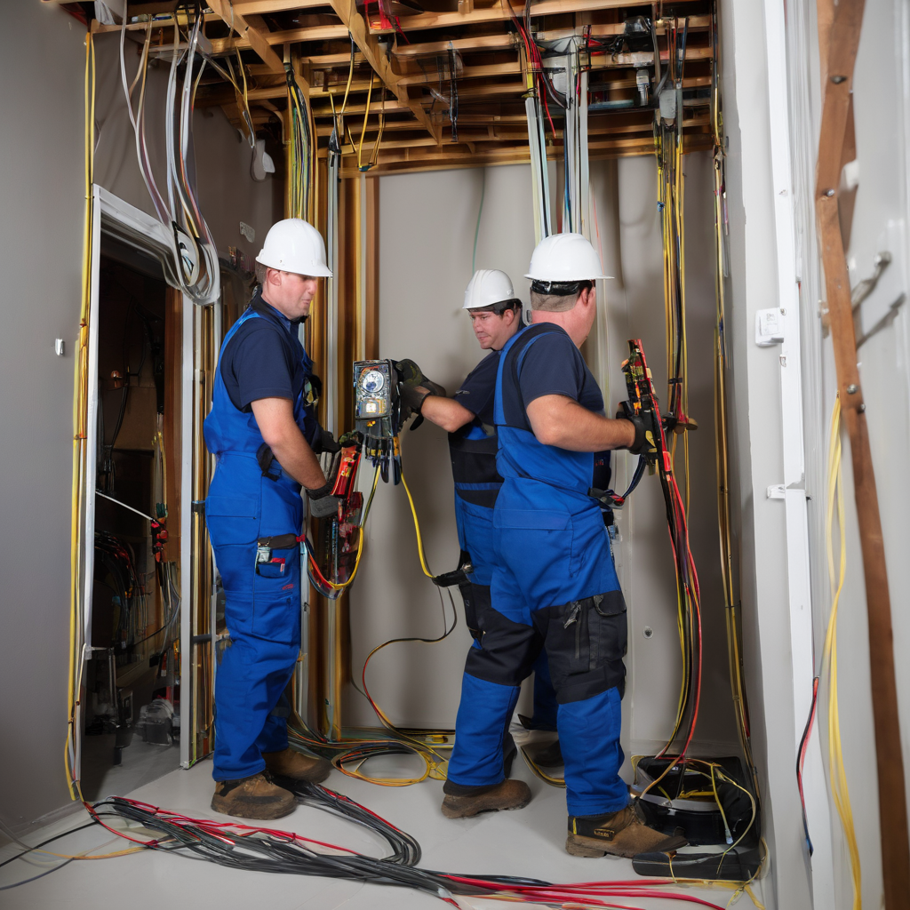 Team of electricians in safety gear working on electrical wiring installation with visible conduit and materials