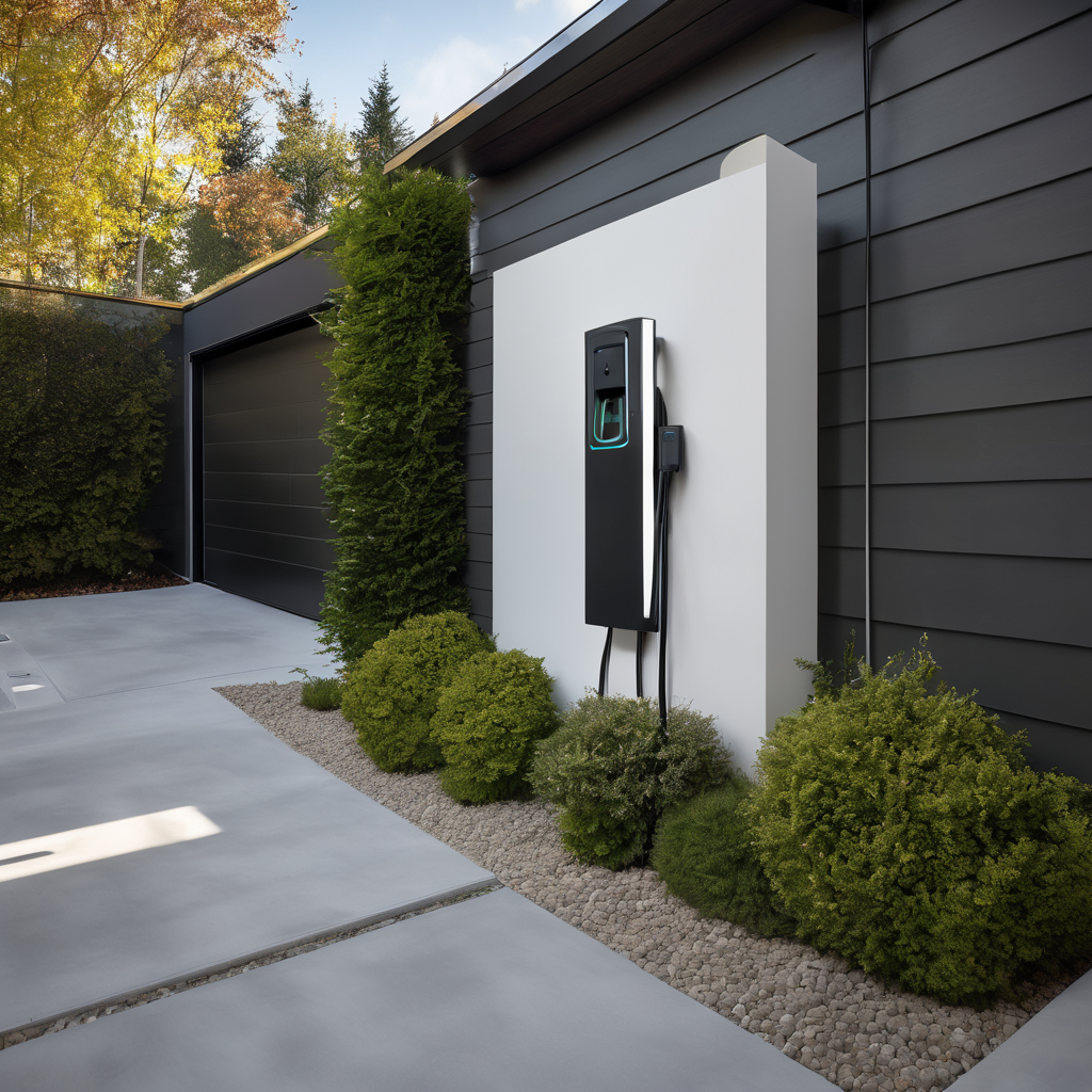 Wall-mounted EV charging station installed on residential garage with professional electrician demonstrating quality installation