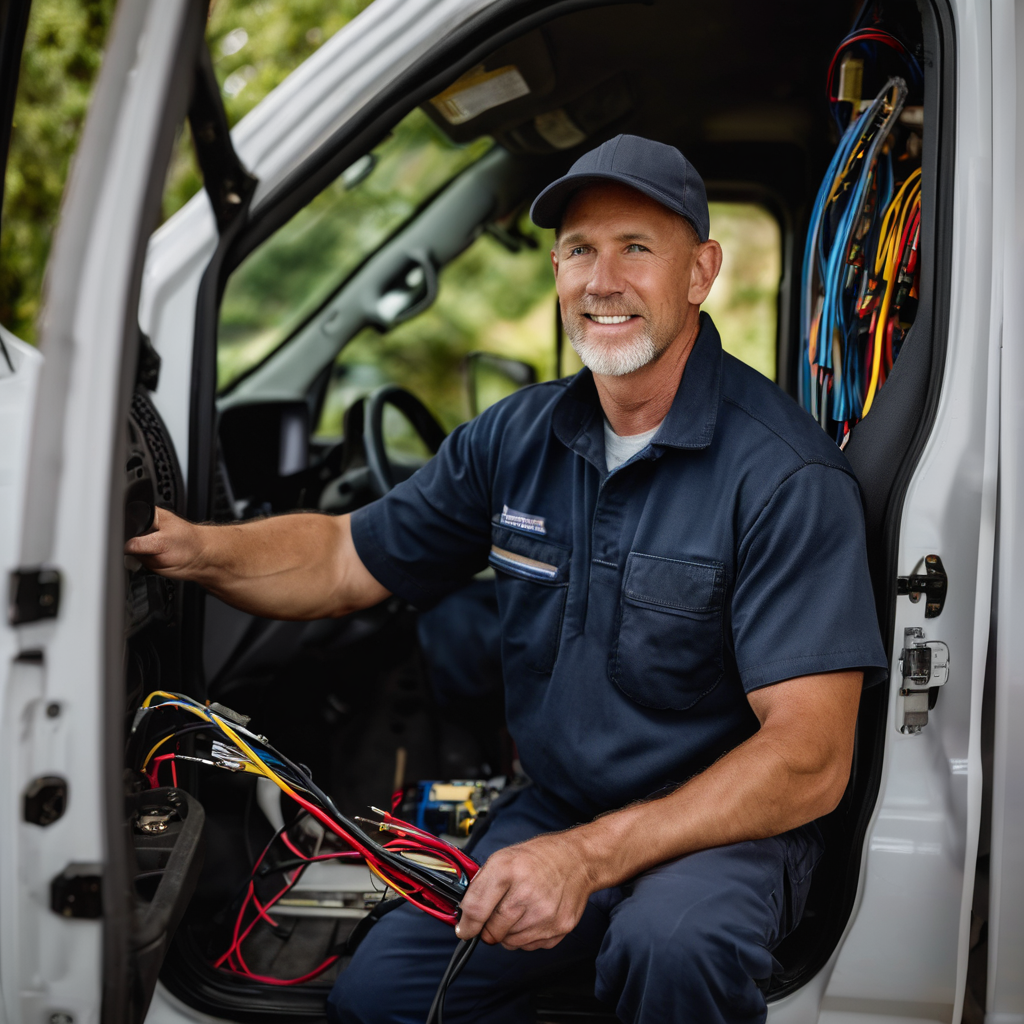 Certified electrician at a residential job site with service tools and equipment ready for installation work