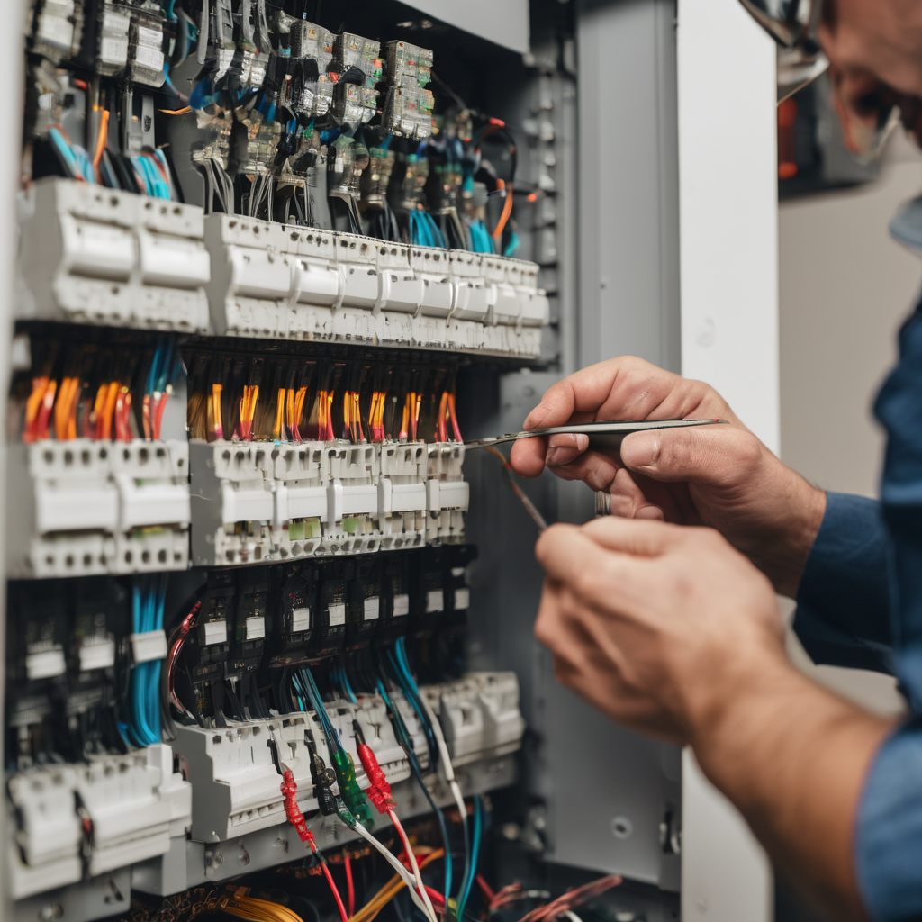 Electrician working on electrical panel with visible components