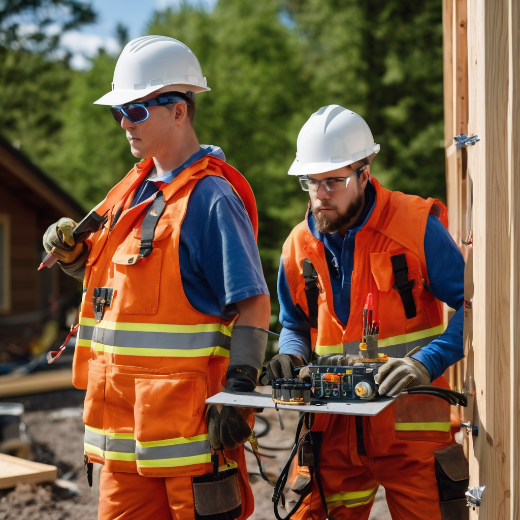 Professional team of electricians in safety gear working together at residential job site with electrical panel visible